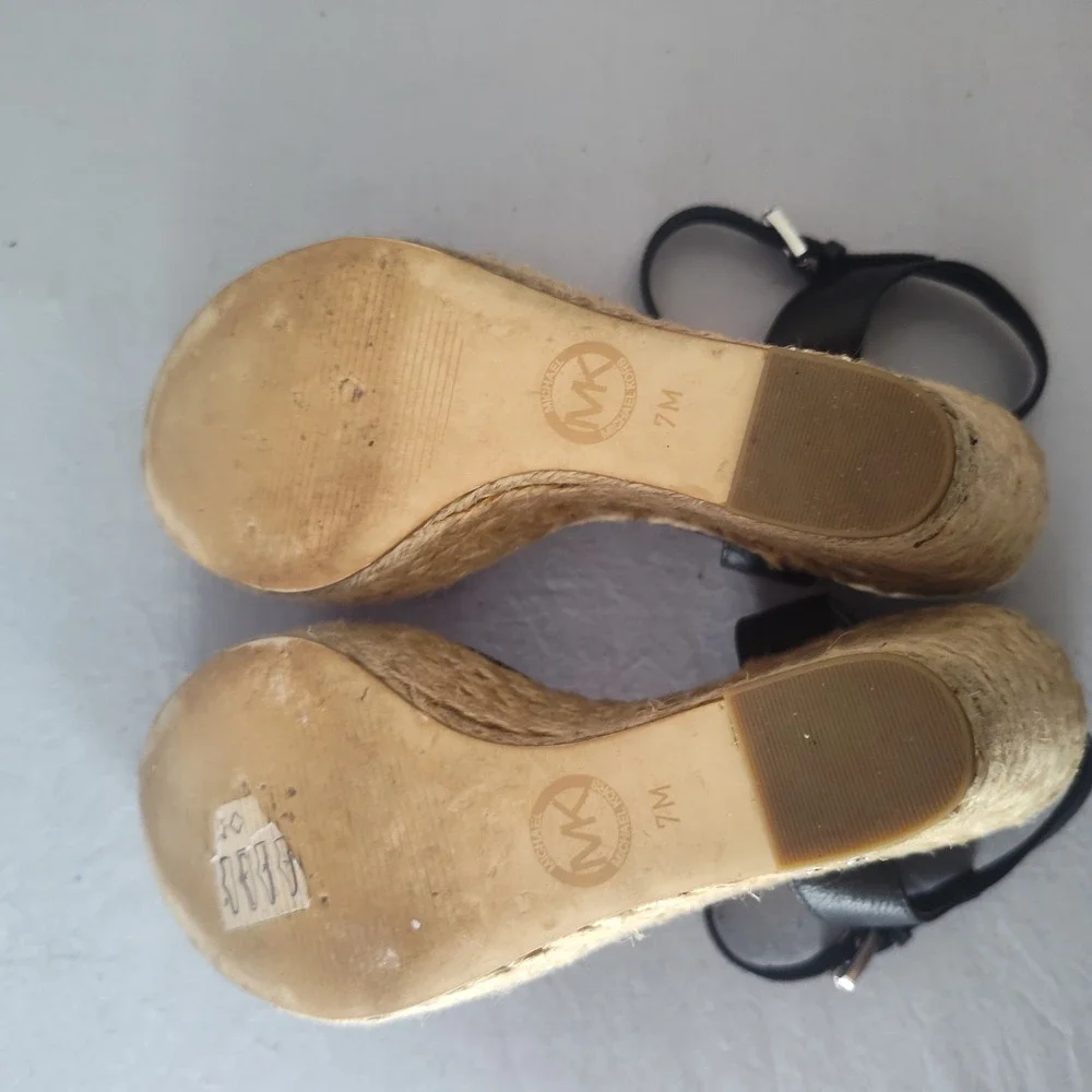 Michael Kors Black Leather Espadrille Wedge Sandals Platform Ankle‎ Strap 7M
